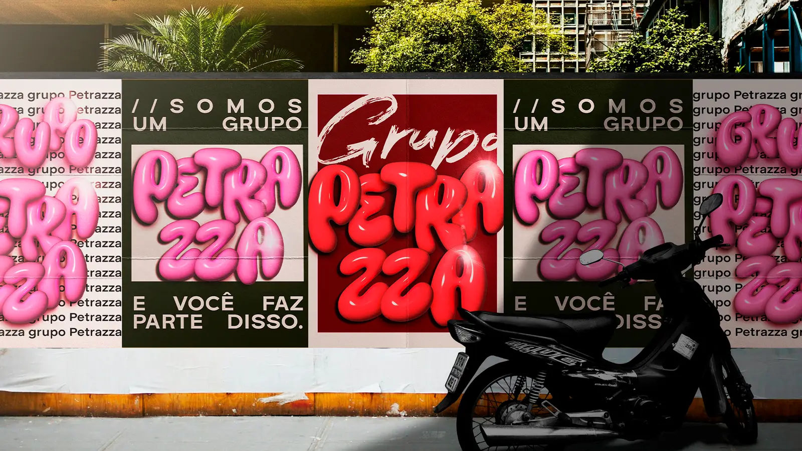 Aplicações da marca grupo Petrazza no ambiente urbano — pôsteres e sinalização